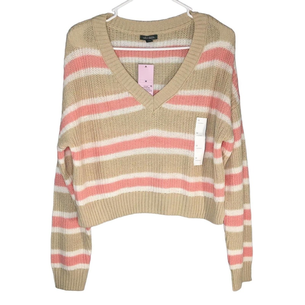 Wild Fable Women's Sweater Medium Brown Pink Stripe V-neck Crop Baby Knit Airy
